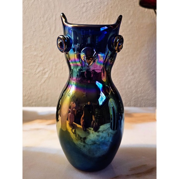 Gibson Cobalt Blue Carnival Glass Owl Vase - Picture 2 of 9